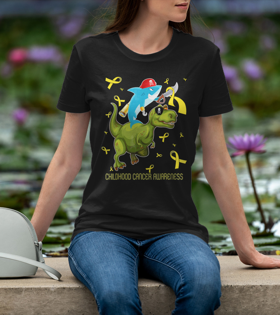 Childhood Cancer Awareness Shark And Dinosaur With Yellow Ribbons T-Shirt