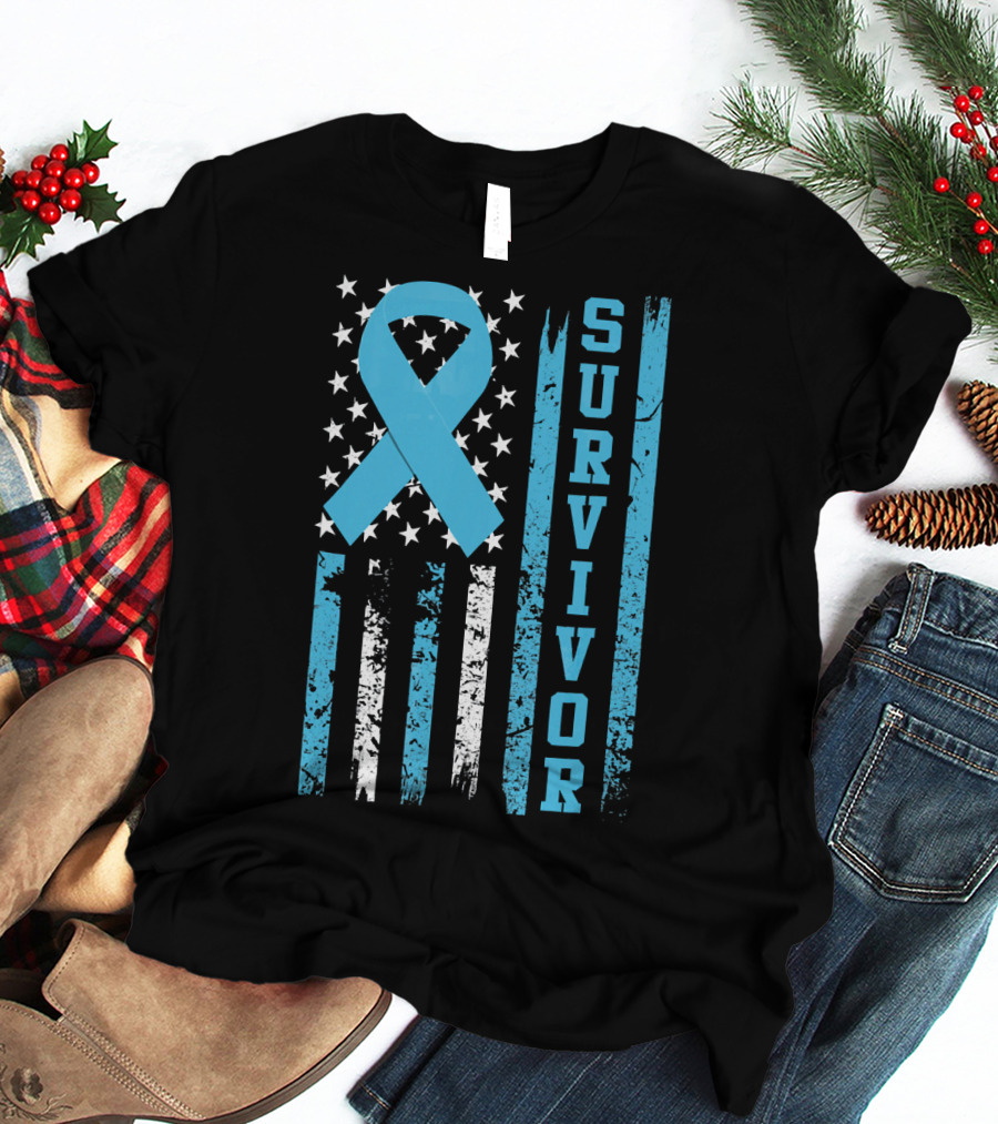 Survivor Blue Ribbon American Flag Prostate Cancer T-Shirt