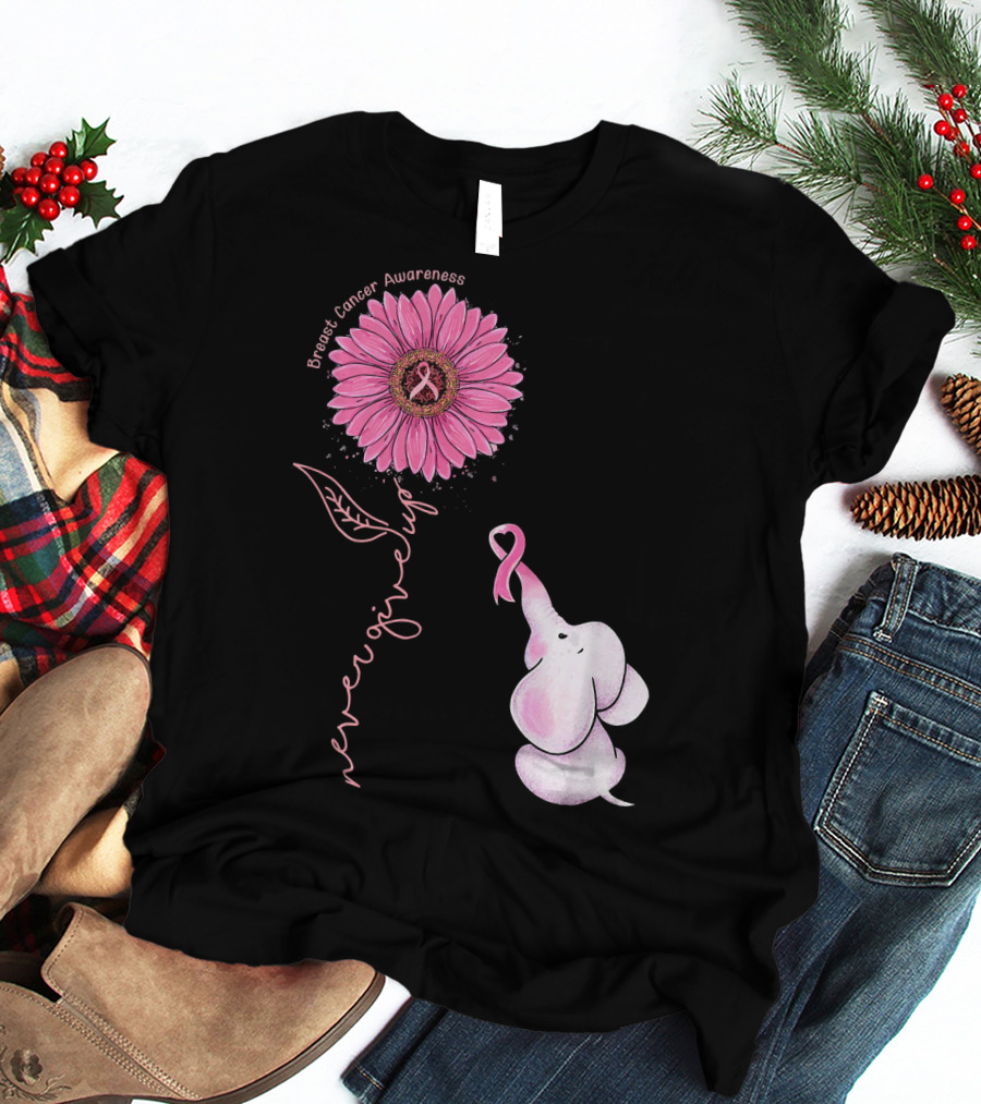Breast Cancer Awareness Never Give Up Pink Ribbon Sunflower Elephant T-Shirt
