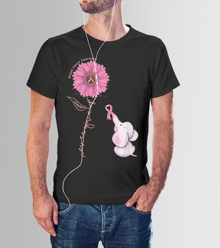 Breast Cancer Awareness Never Give Up Pink Ribbon Sunflower Elephant T-Shirt