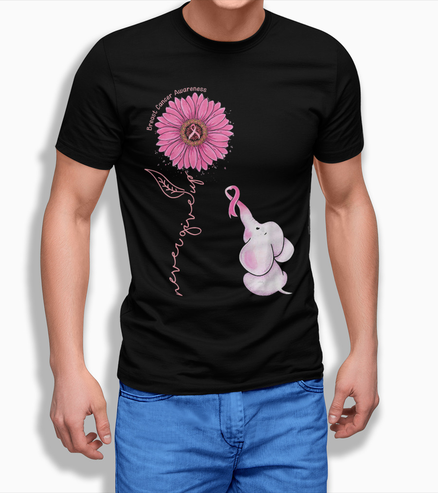 Breast Cancer Awareness Never Give Up Pink Ribbon Sunflower Elephant T-Shirt
