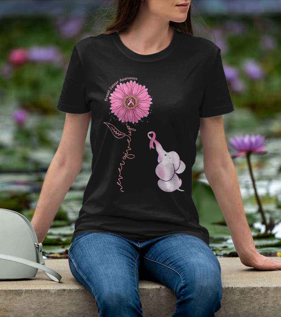 Breast Cancer Awareness Never Give Up Pink Ribbon Sunflower Elephant T-Shirt
