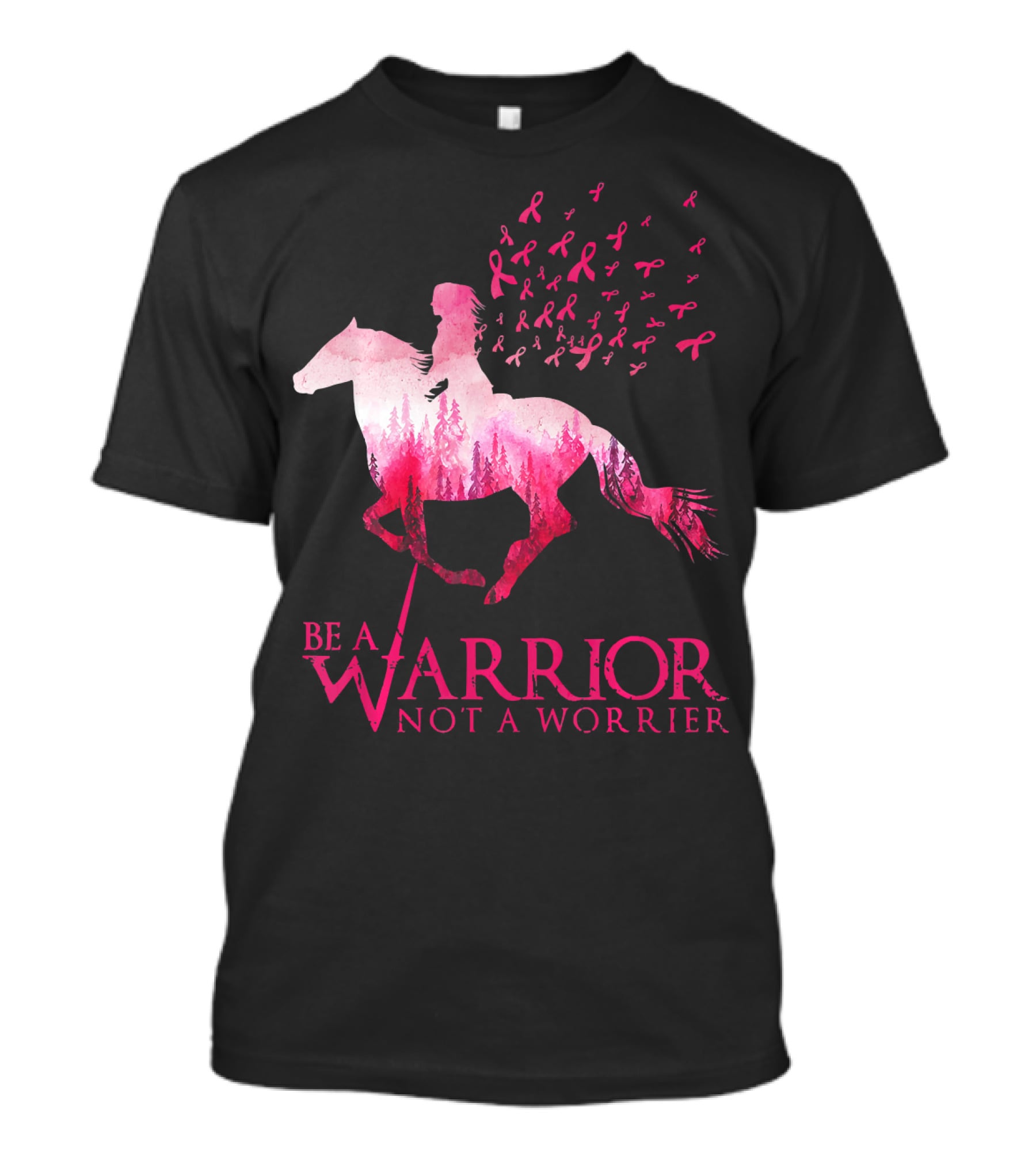 Be A Warrior Not A Worrier Breast Cancer Awareness Pink Ribbon Horse Rider T-Shirt