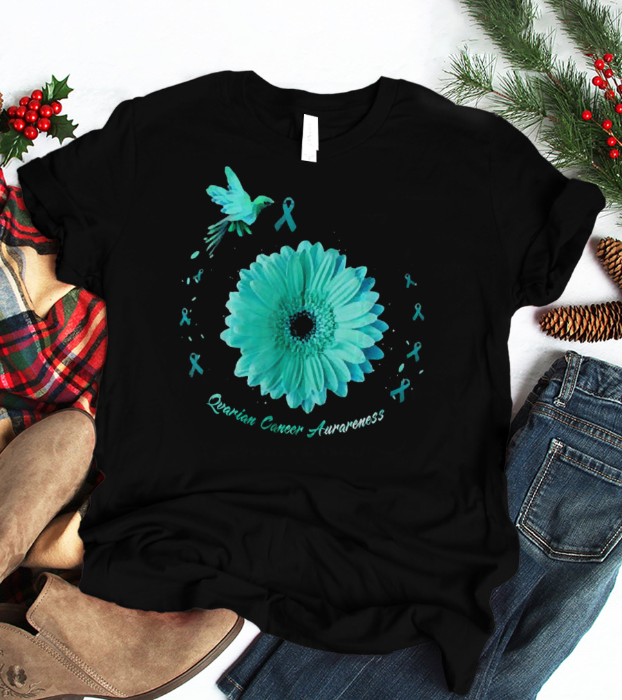 Teal Daisy Bird Ribbon Ovarian Cancer Awareness T-Shirt