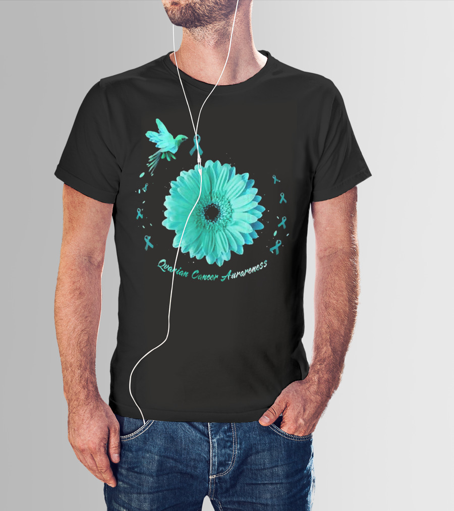 Teal Daisy Bird Ribbon Ovarian Cancer Awareness T-Shirt