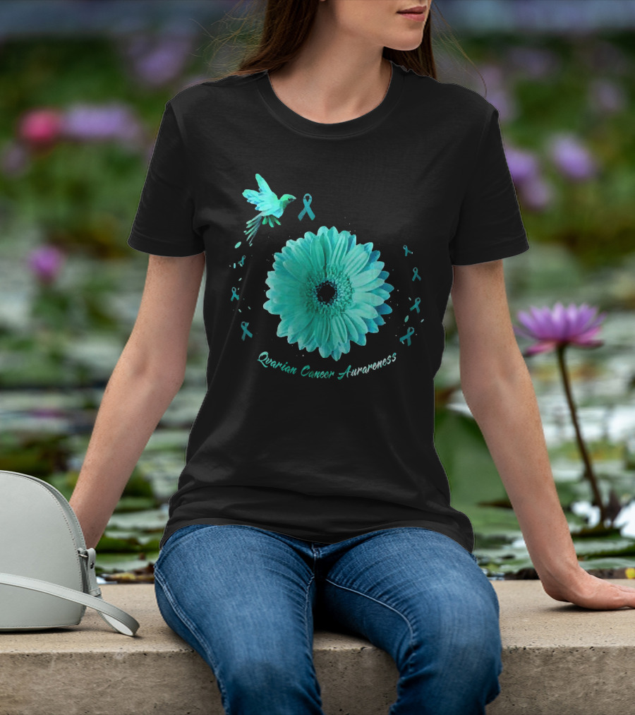 Teal Daisy Bird Ribbon Ovarian Cancer Awareness T-Shirt