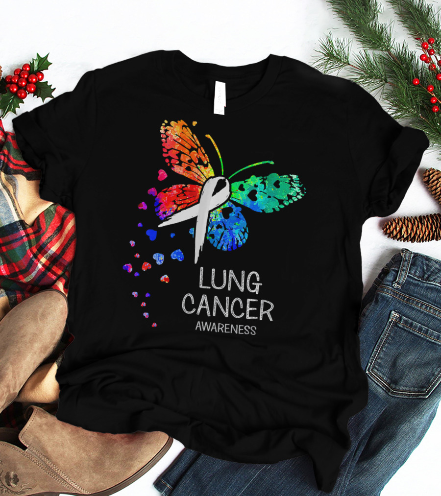 Lung Cancer Awareness Rainbow Butterfly T-Shirt