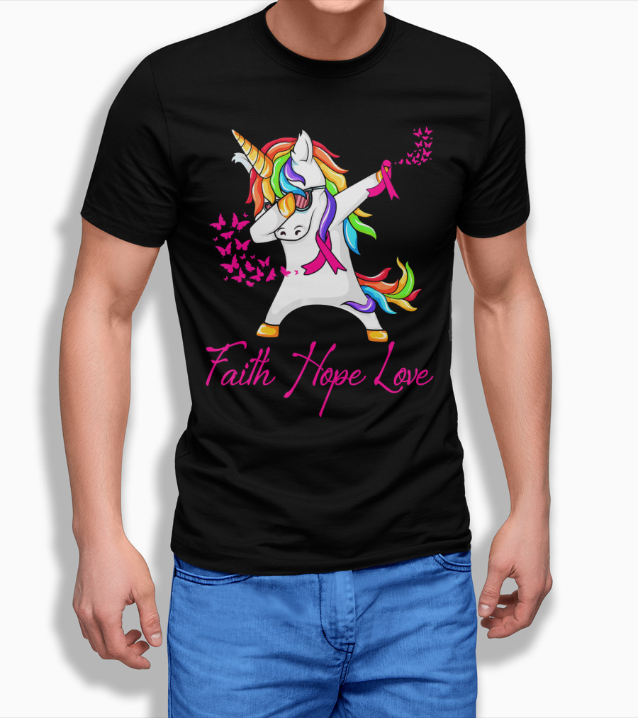 Faith Hope Love Pink Unicorn Breast Cancer Awareness T-Shirt