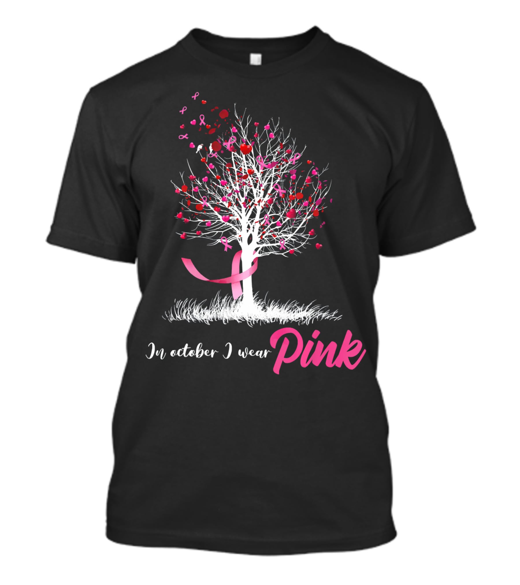 In October We Wear Pink Tree Breast Cancer Awareness Ribbon Hearts T-Shirt