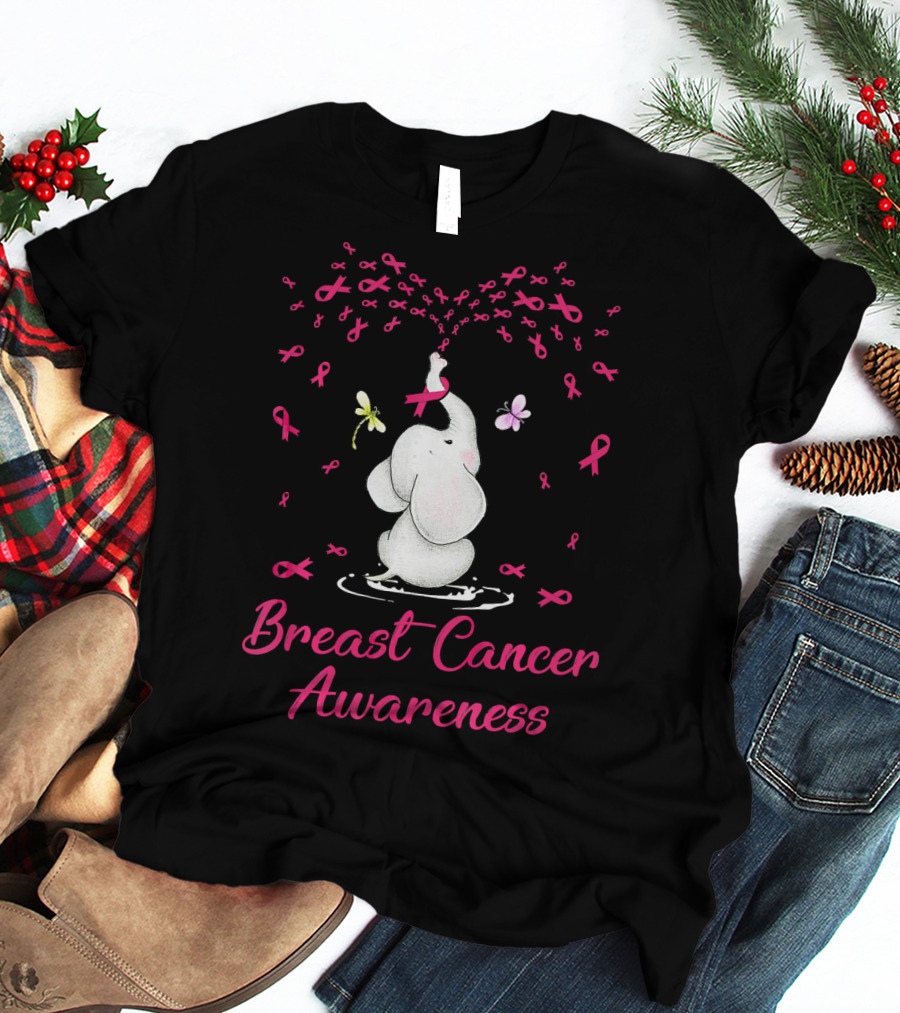 Elephant With Ribbon Breast Cancer Awareness With Butterflies And Ribbons T-Shirt
