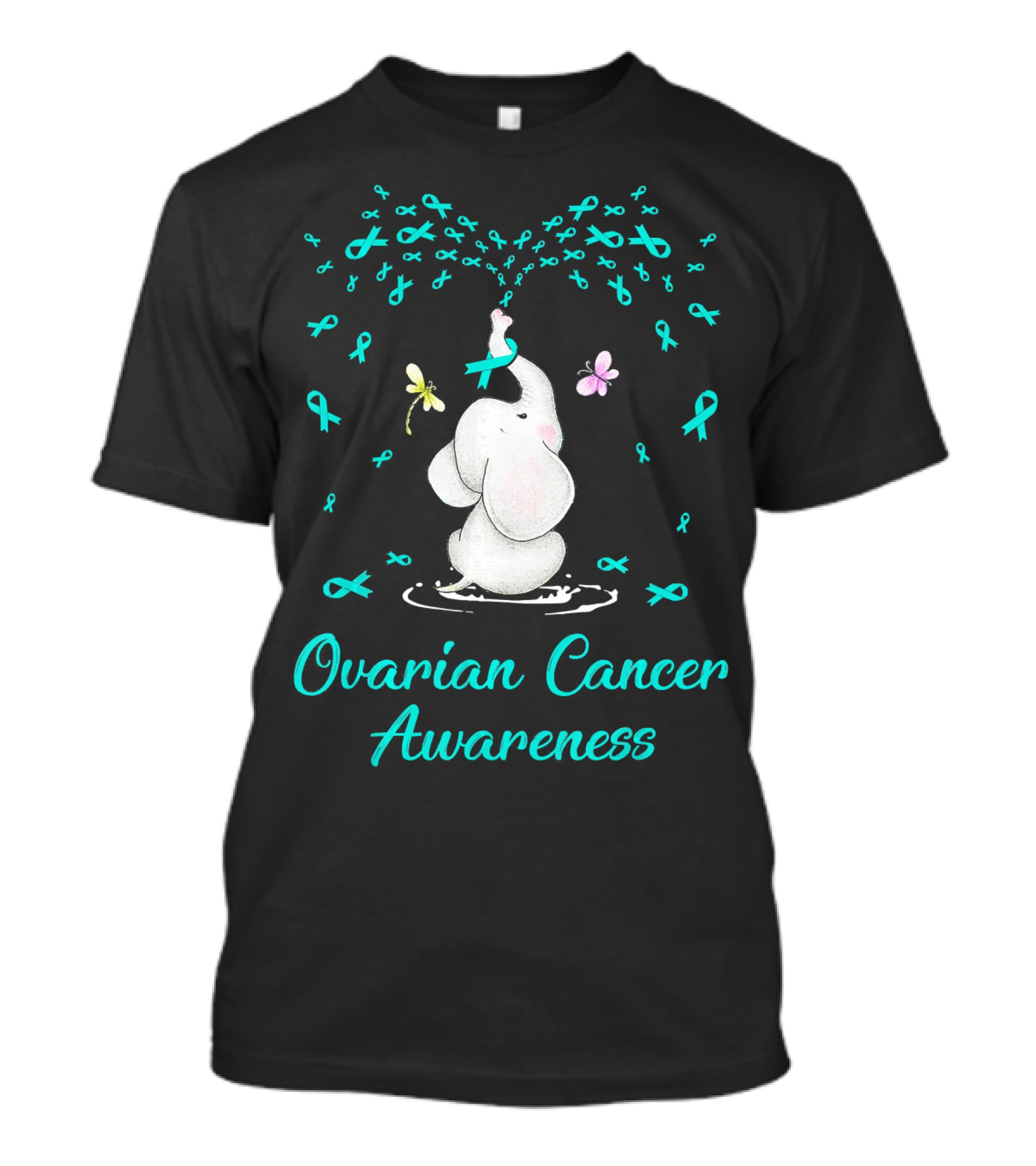 Ovarian Cancer Awareness Elephant With Ribbon And Butterflies T-Shirt
