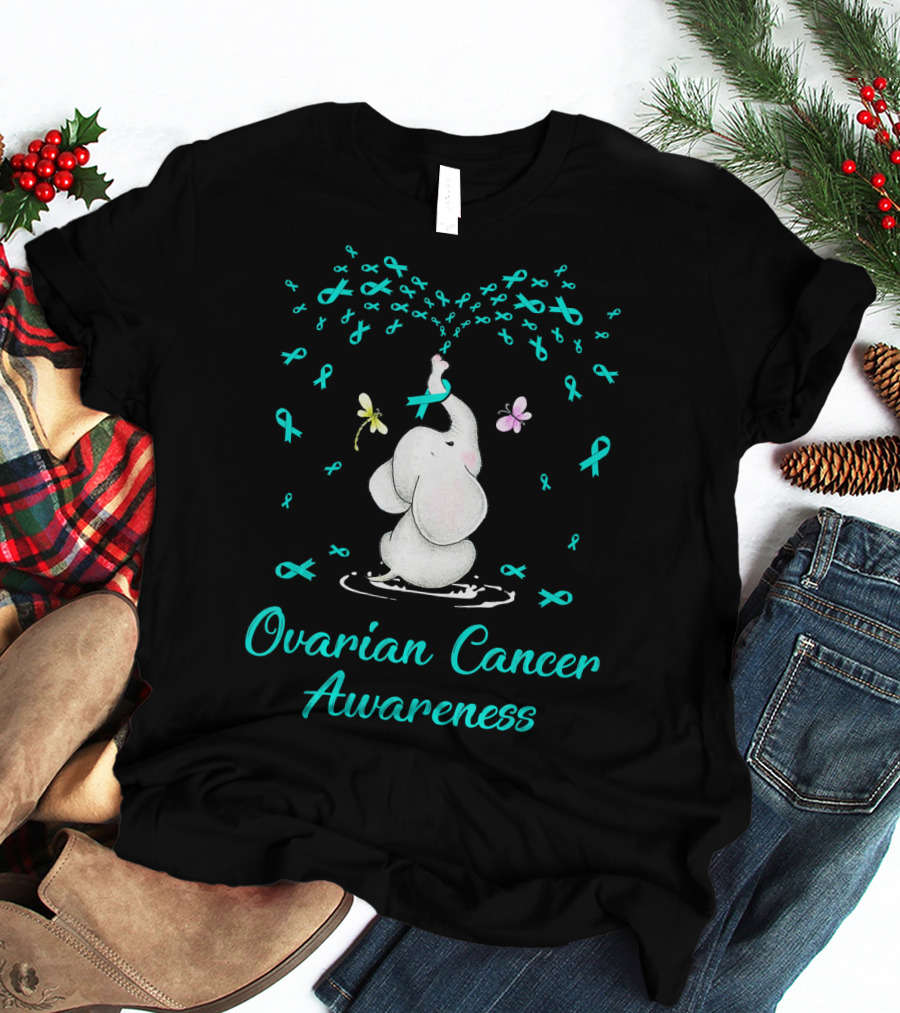 Ovarian Cancer Awareness Elephant With Ribbon And Butterflies T-Shirt
