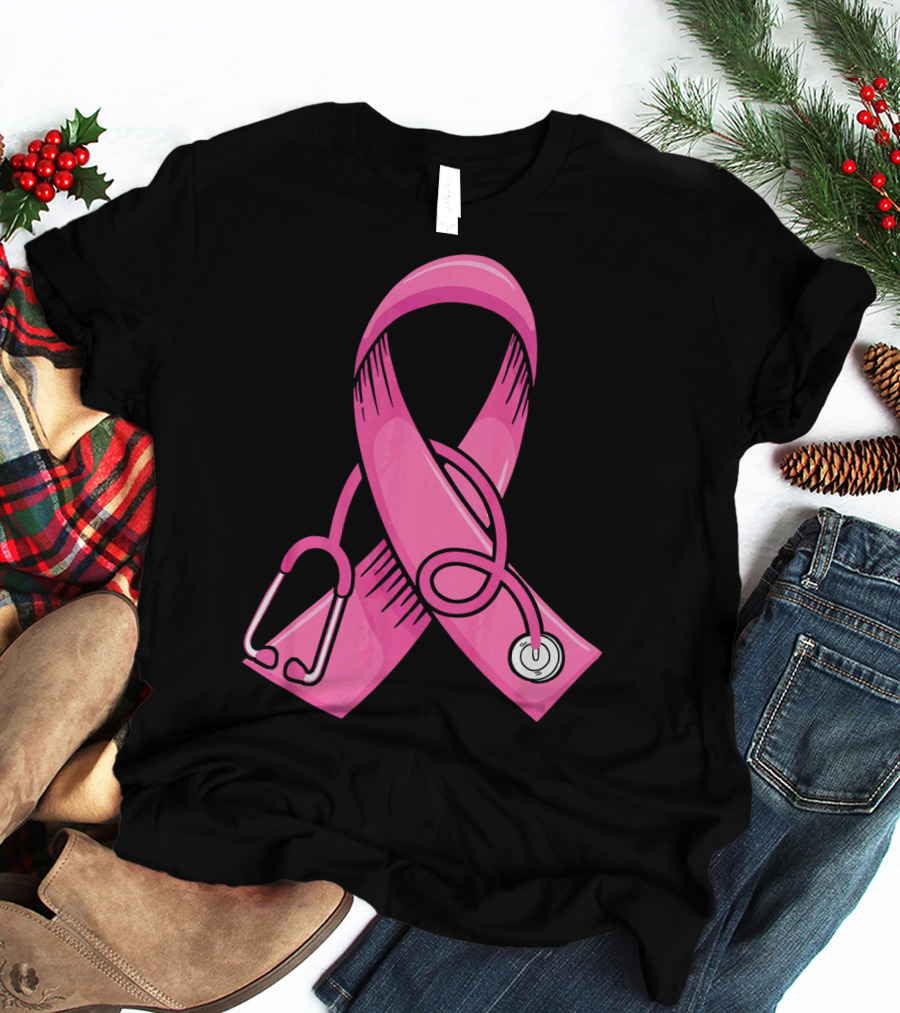 Pink Ribbon Heartbeat Nurse Doctor Breast Cancer Awareness Stethoscope T-Shirt