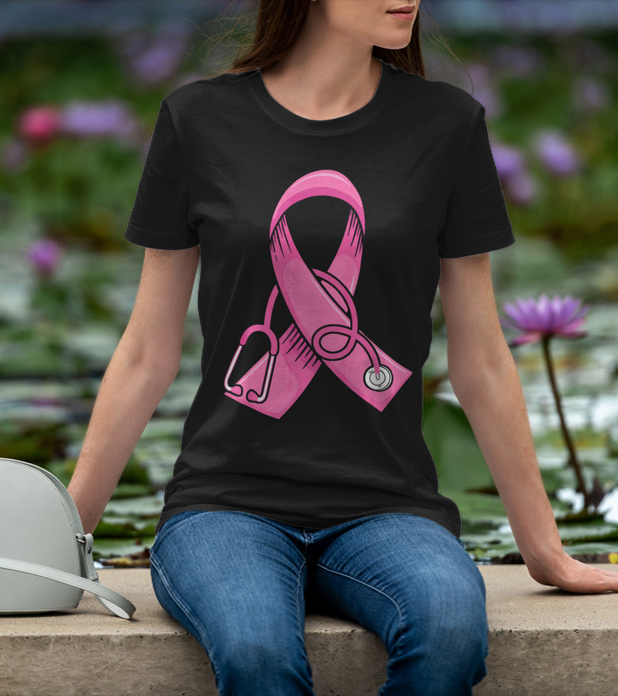 Pink Ribbon Heartbeat Nurse Doctor Breast Cancer Awareness Stethoscope T-Shirt