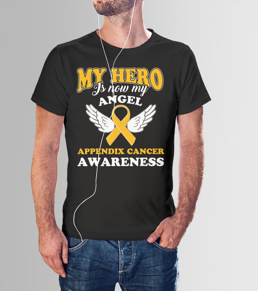 My Hero Is Now My Angel Appendix Cancer Awareness Yellow Ribbon Wings T-Shirt