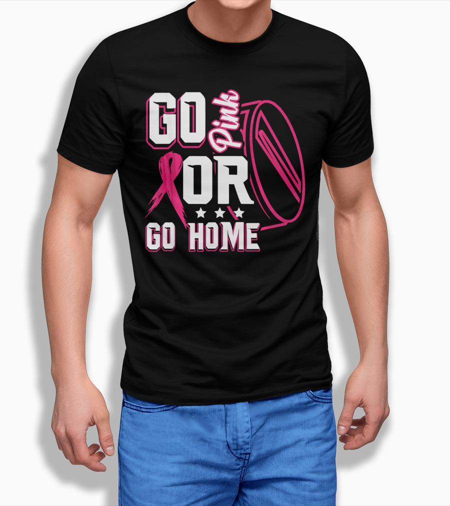 Go Pink Or Go Home Breast Cancer Hockey Awareness with Ribbon and Puck T-Shirt