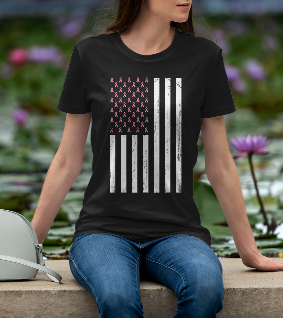 American Flag Pink Ribbons Breast Cancer Awareness T-Shirt