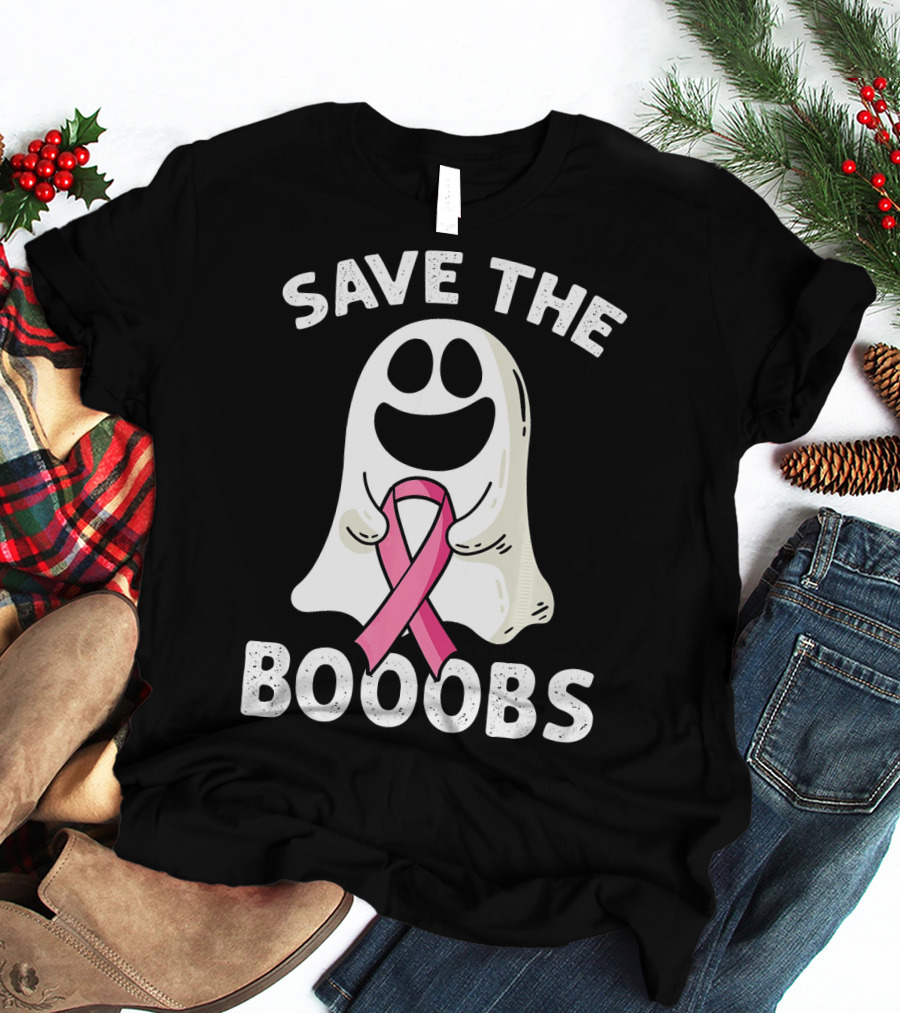 Save The Boooobs Funny Ghost Pink Ribbon Breast Cancer Awareness T-Shirt