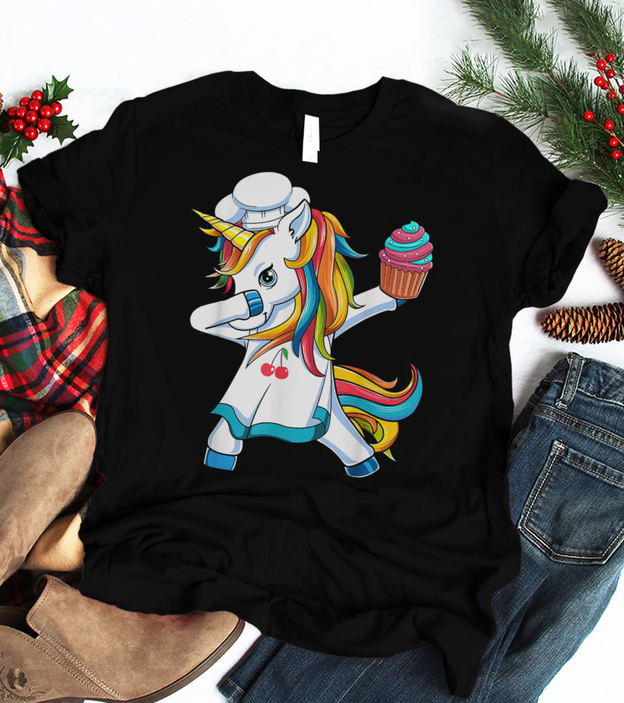 Dabbing Unicorn Rainbow Chef With Cupcake T-Shirt