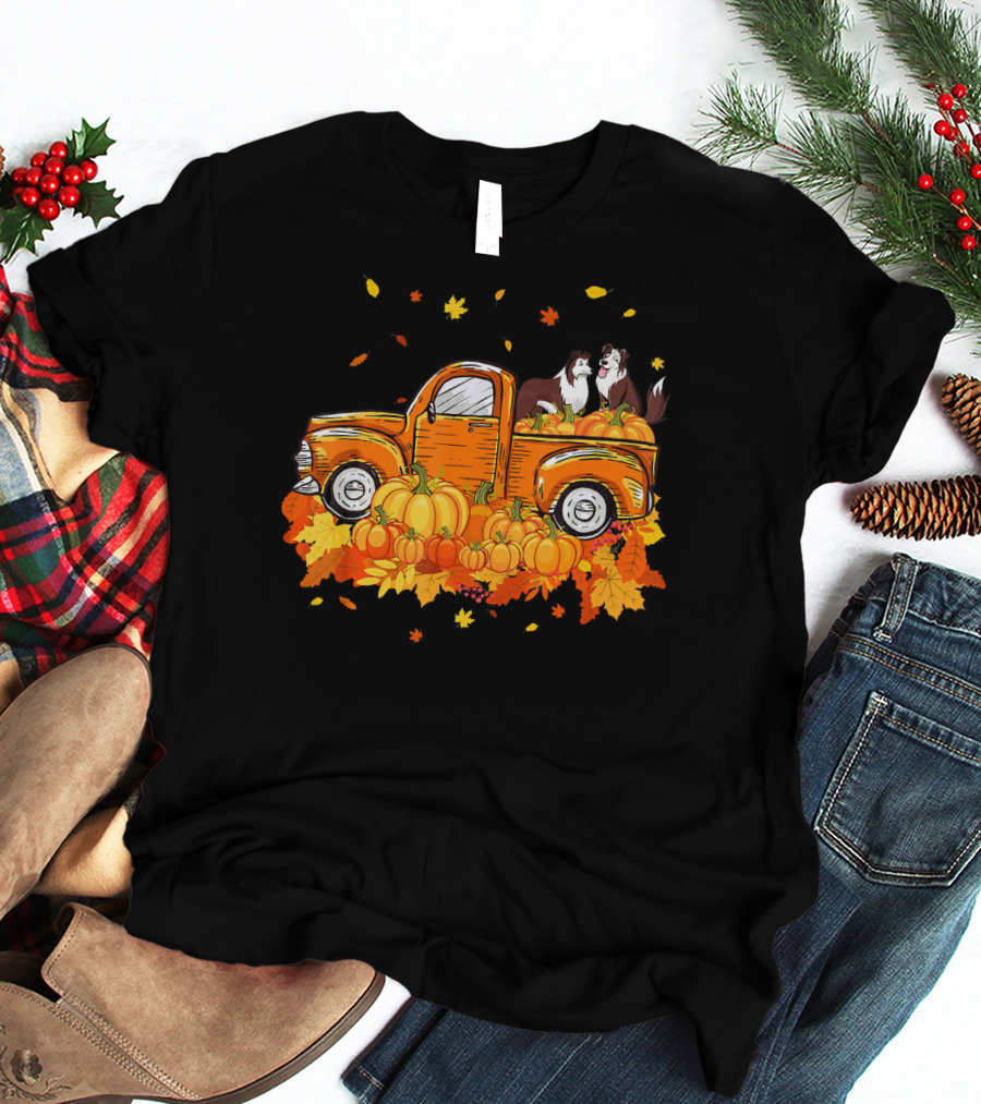 Heeler Pumpkin Truck With Fall Leaves And Pumpkins For Halloween T-Shirt