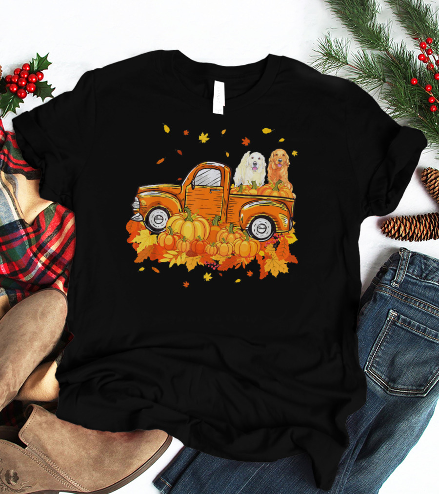 Golden Retriever Puppies In Vintage Pumpkin Truck With Autumn Leaves T-Shirt