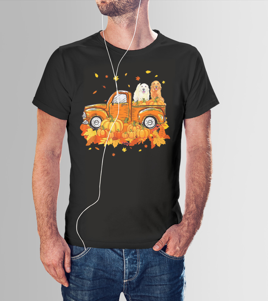 Golden Retriever Puppies In Vintage Pumpkin Truck With Autumn Leaves T-Shirt
