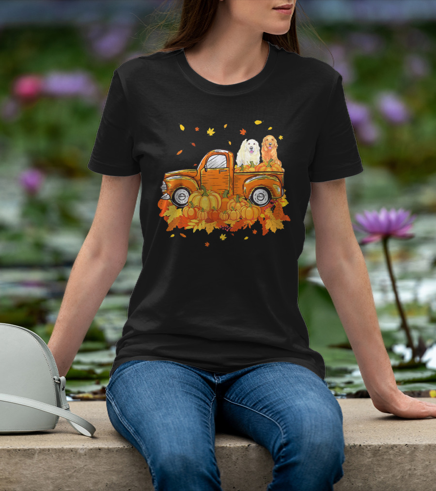 Golden Retriever Puppies In Vintage Pumpkin Truck With Autumn Leaves T-Shirt