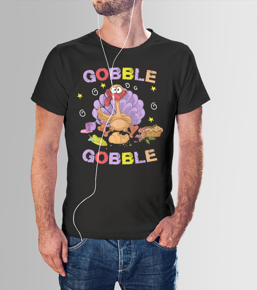 Gobble Gobble Funny Turkey Cartoon Corn Bread Pie Stars Thanksgiving T-Shirt