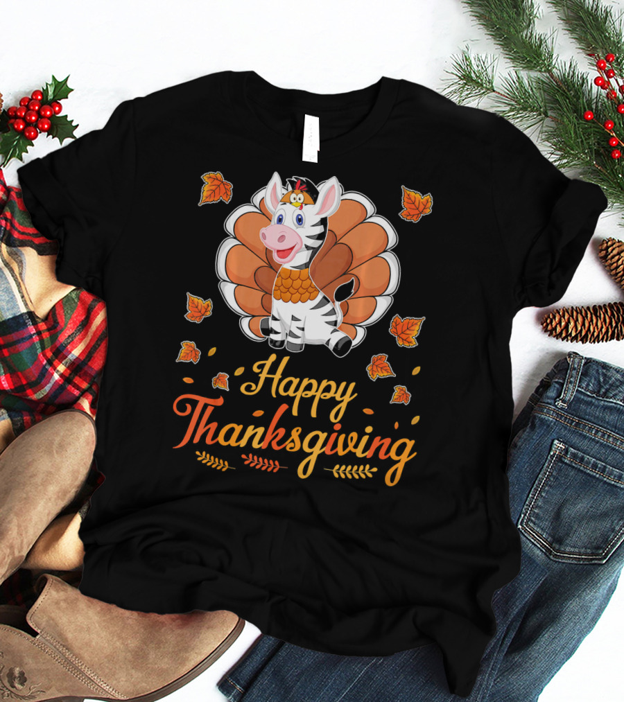 Happy Thanksgiving Cute Turkey Zebra T-Shirt