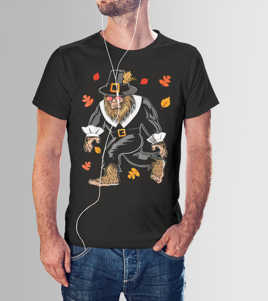 Thanksgiving Pilgrim Bigfoot Sasquatch With Autumn Leaves T-Shirt