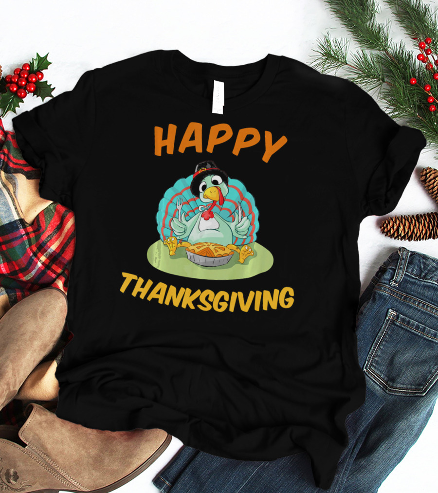 Happy Thanksgiving Funny Turkey Day Turkey Eating Pie T-Shirt