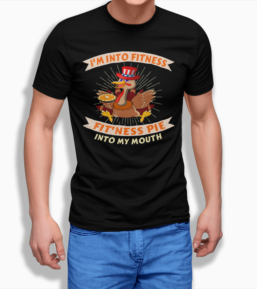 I'm Into Fitness Pie Into My Mouth Thanksgiving USA Flag Turkey T-Shirt