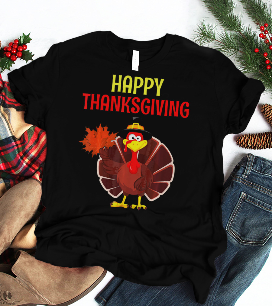HAPPY THANKSGIVING Turkey Holding Leaf T-Shirt