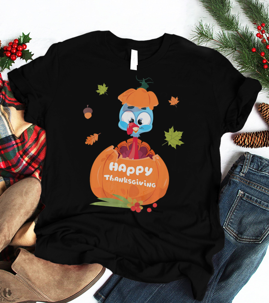 Happy Thanksgiving Cute Turkey Pilgrim In Pumpkin T-Shirt