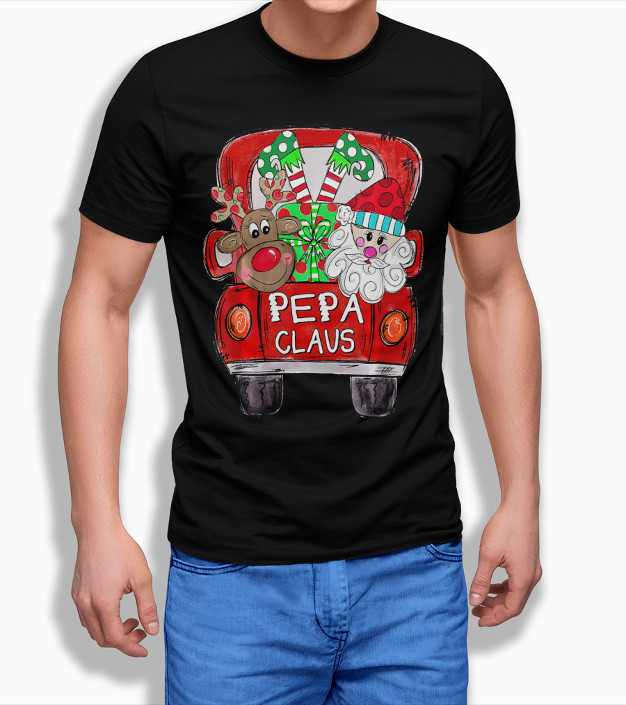 Pepa Claus Christmas Red Truck with Santa and Reindeer T-Shirt