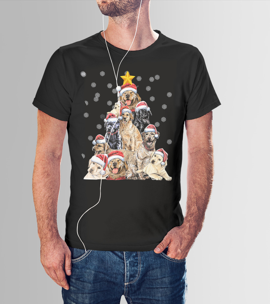 Labrador Puppies With Santa Hats Forming A Christmas Tree With Star And Snowflakes T-Shirt