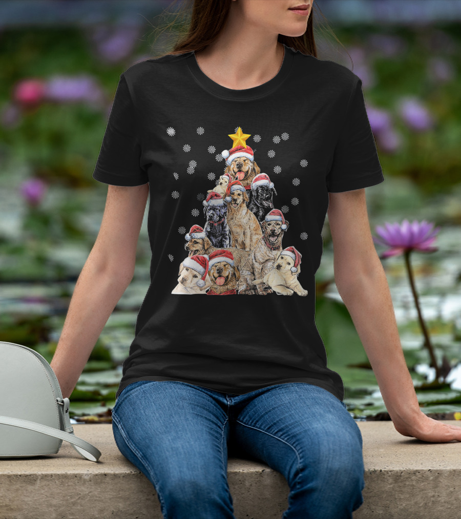 Labrador Puppies With Santa Hats Forming A Christmas Tree With Star And Snowflakes T-Shirt