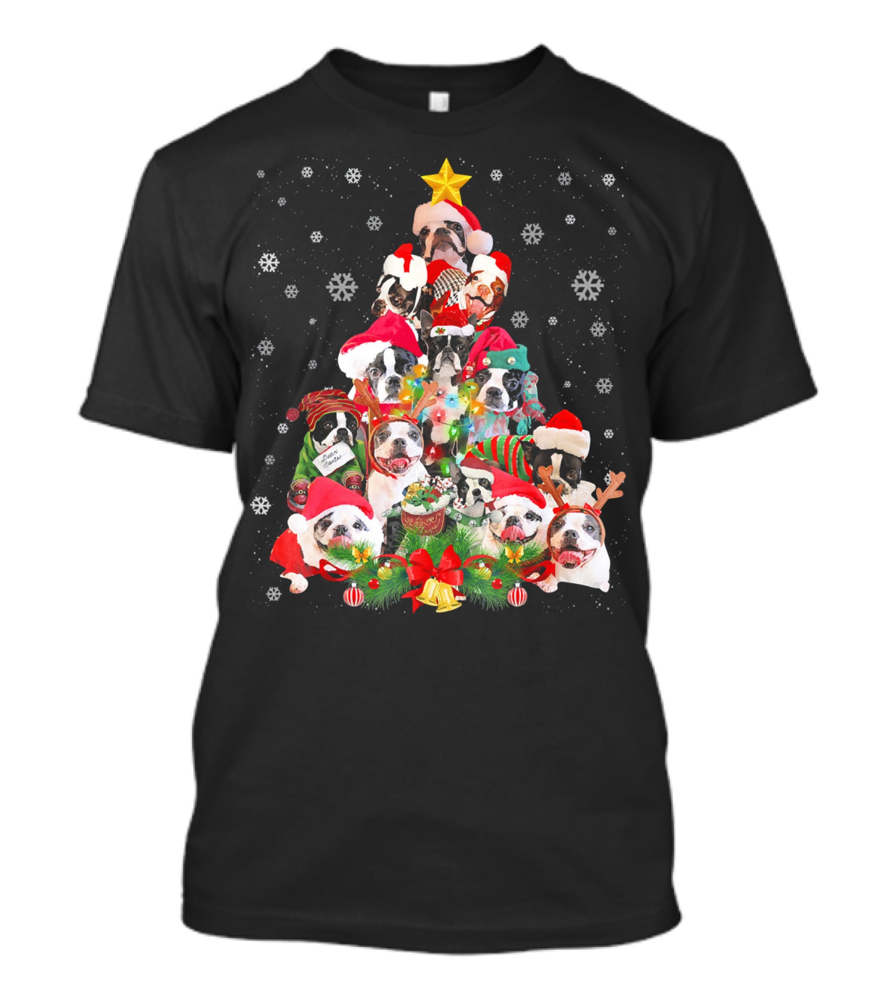 Boston Terriers Christmas Tree Snowflakes And Santa Hats T-Shirt