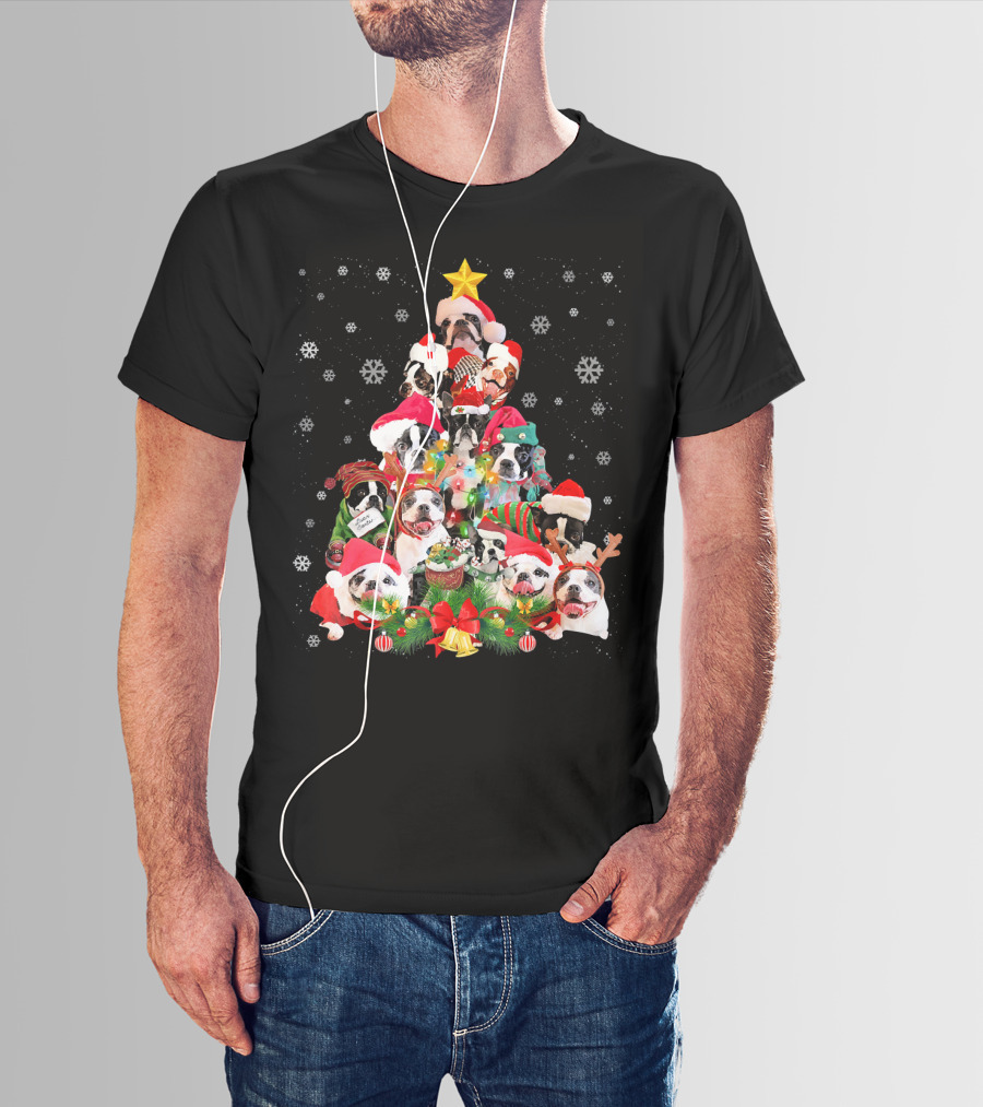 Boston Terriers Christmas Tree Snowflakes And Santa Hats T-Shirt