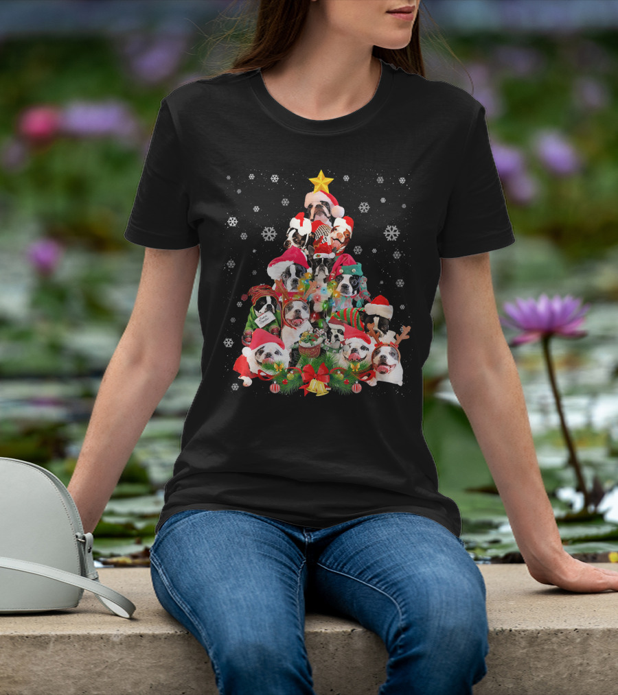 Boston Terriers Christmas Tree Snowflakes And Santa Hats T-Shirt