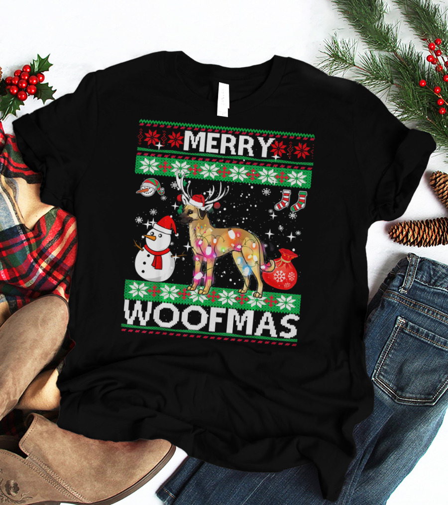Merry Woofmas Anatolian Shepherd Reindeer Lights Holiday Sweater Snowman Stockings T-Shirt
