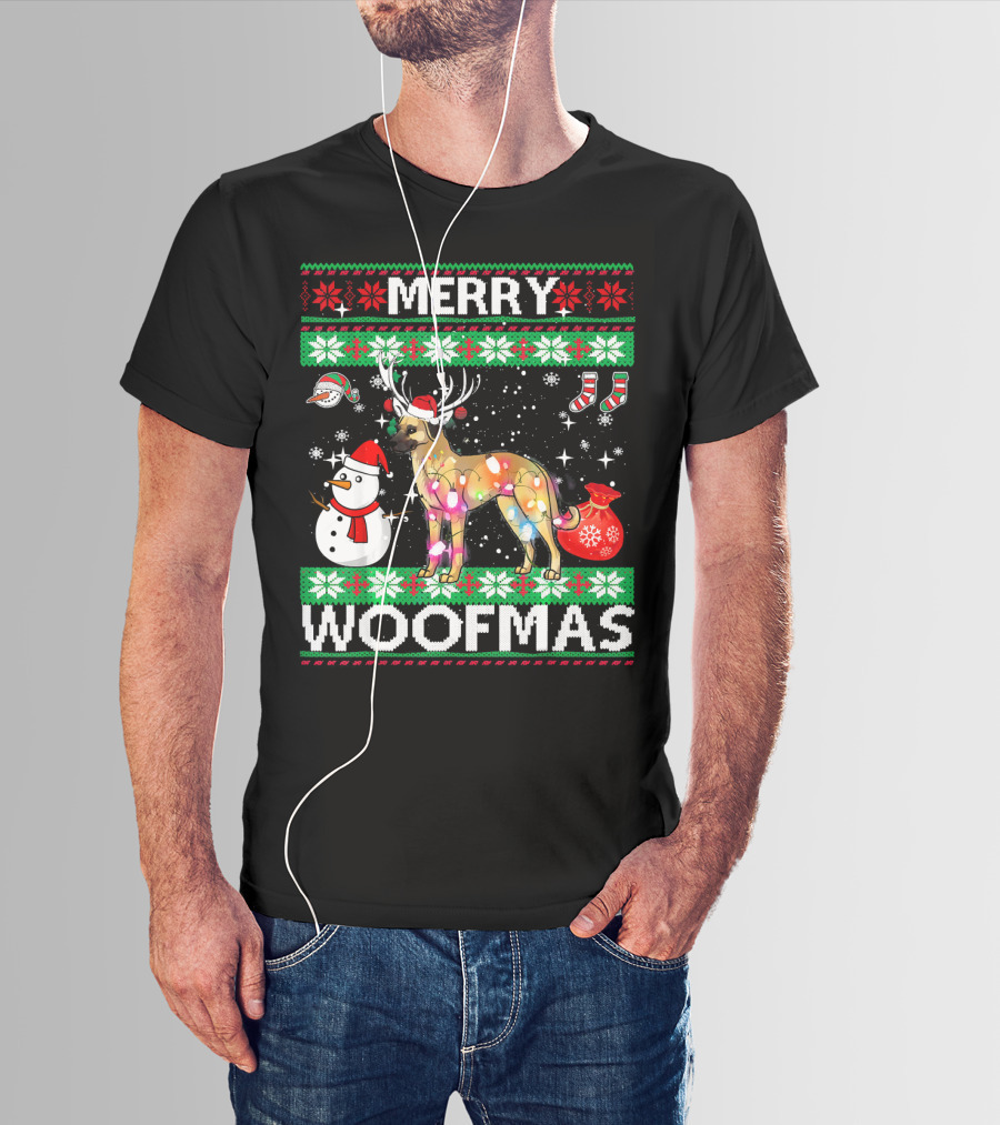 Merry Woofmas Anatolian Shepherd Reindeer Lights Holiday Sweater Snowman Stockings T-Shirt