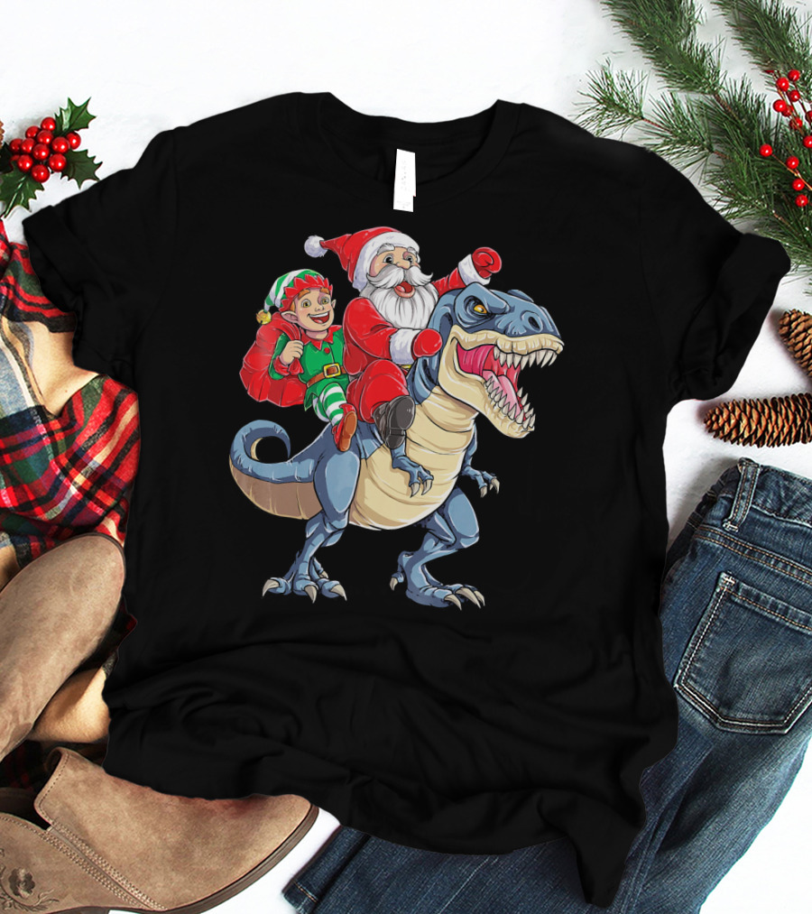 Santa Elf Riding Dinosaur Christmas Boys T-Shirt