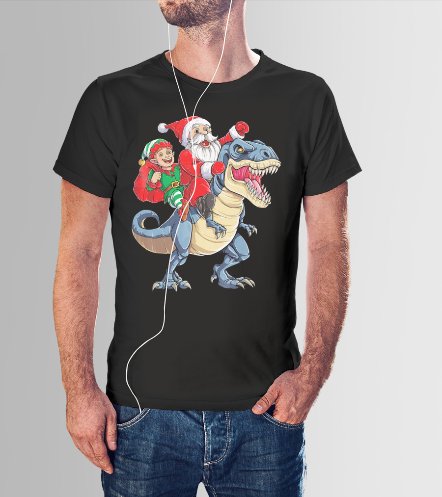 Santa Elf Riding Dinosaur Christmas Boys T-Shirt
