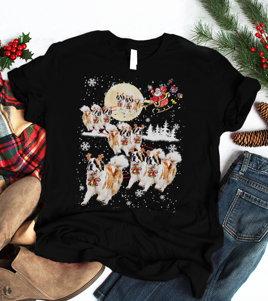 St Bernard Reindeer Christmas Santa Sleigh Nice Dog T-Shirt