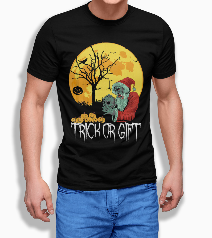 Trick Or Scary Gift Santa Moon Pumpkin Scene T-Shirt