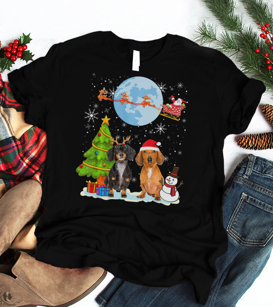 Funny Dachshund Christmas Santa Moon Reindeers Tree Snowman T-Shirt