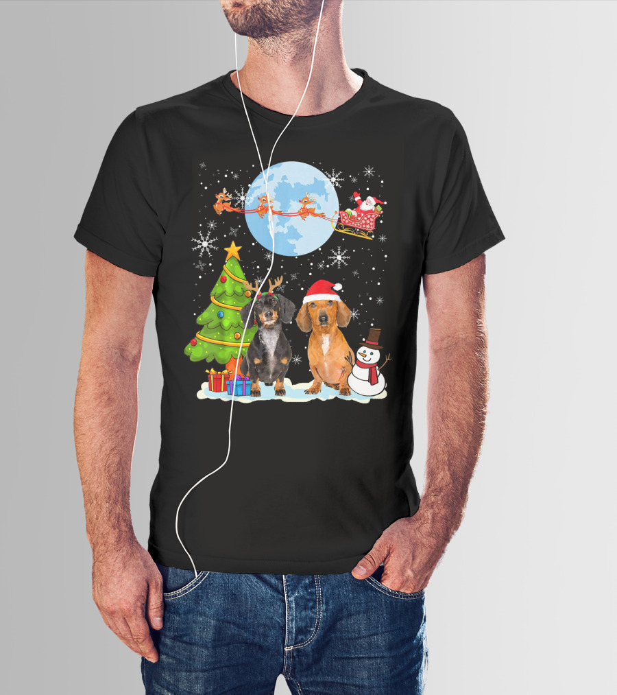 Funny Dachshund Christmas Santa Moon Reindeers Tree Snowman T-Shirt