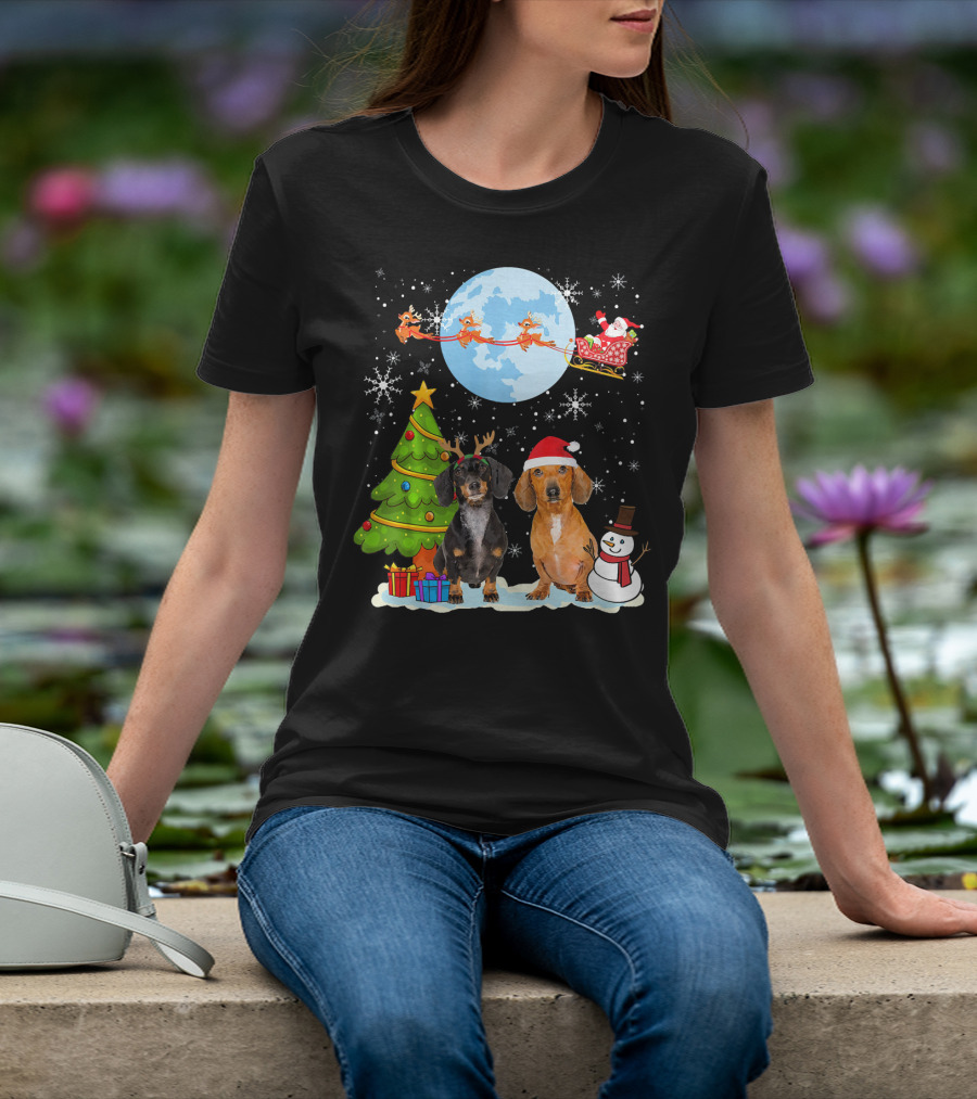 Funny Dachshund Christmas Santa Moon Reindeers Tree Snowman T-Shirt