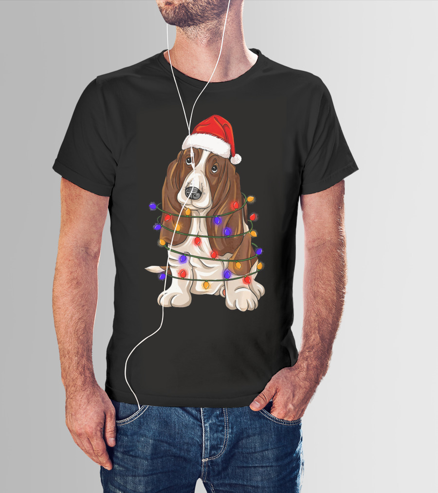 Basset Hound Santa Hat Wrapped In Christmas Lights T-Shirt